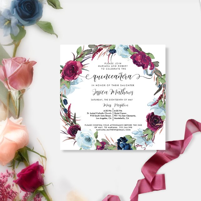 Invitation Berry, Bourgogne, Rouge, Courbe Bleue Quinceañera (Créateur téléchargé)