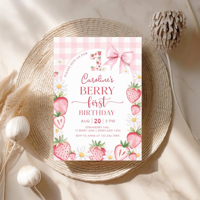 Invitation Berry de fraise Coquette Bow Premier 1er anniversa (Créateur téléchargé)