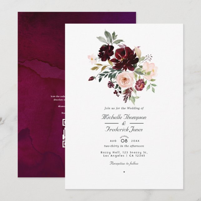 Invitation Berry et Blush Floral QR Code RSVP Mariage (Devant / Derrière)
