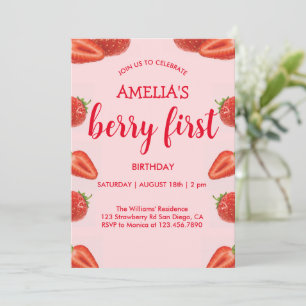 Invitation Berry First   Anniversaire fraise 1 an rose