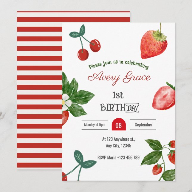 Invitation Berry First Birth Cute Berries & Strawberries (Devant / Derrière)