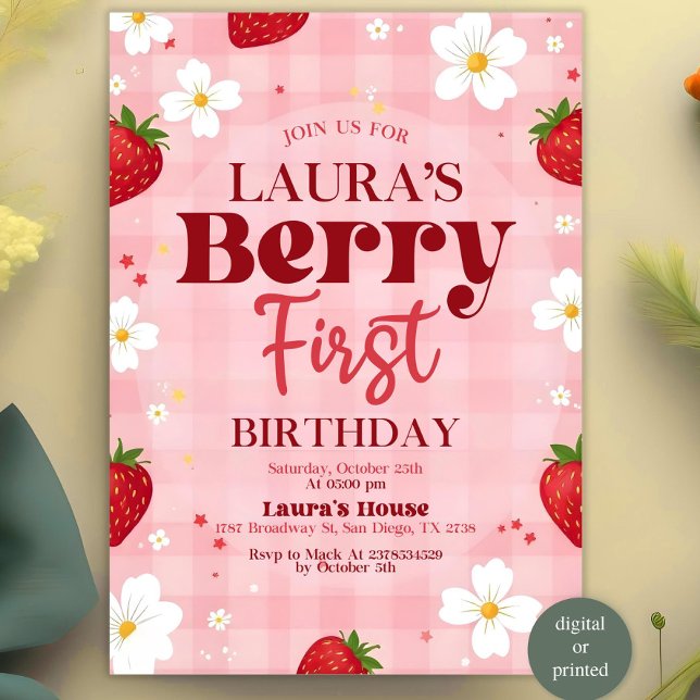 Invitation Berry First Birthday Invitation, 1er Birt Editable (Créateur téléchargé)