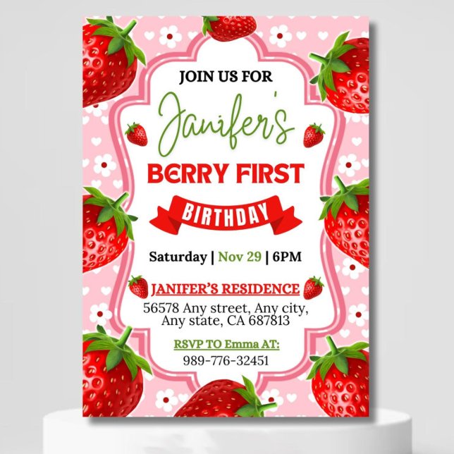 Invitation Berry First Birthday Invitation, 1er Birt Editable (Créateur téléchargé)