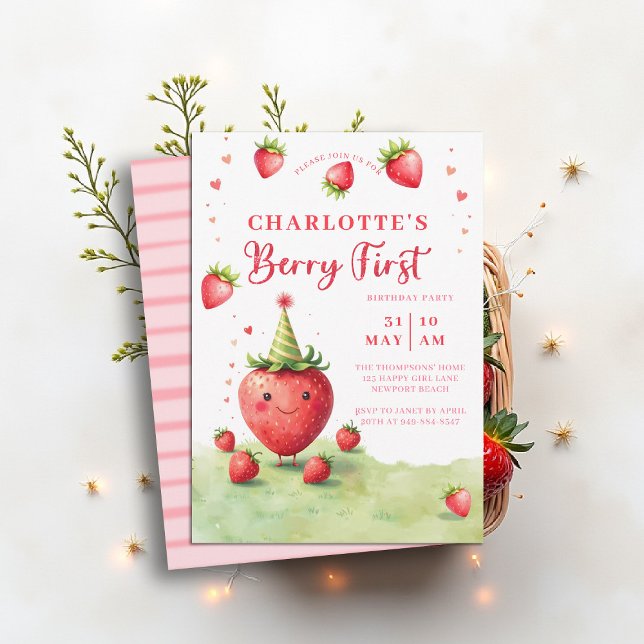 Invitation Berry First Cute Strawberry Patch 1st Birthday (berry first birthday party invitation girls cute strawberry 1st watercolor summer farmhouse cottage )