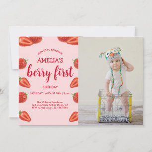 Invitation Berry First   Fraise 1er Anniversaire photo rose