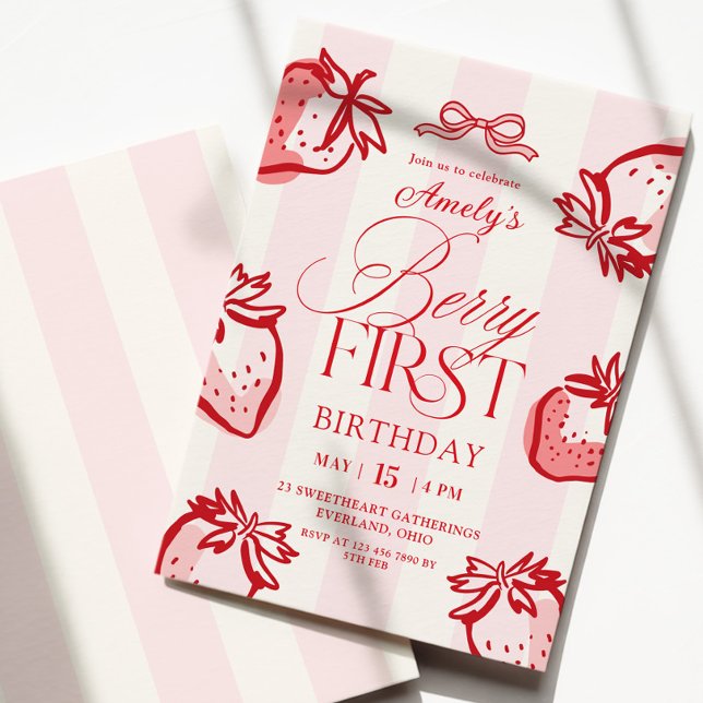 Invitation Berry First Hand Drawn Bow Strawberry Birthday (Créateur téléchargé)