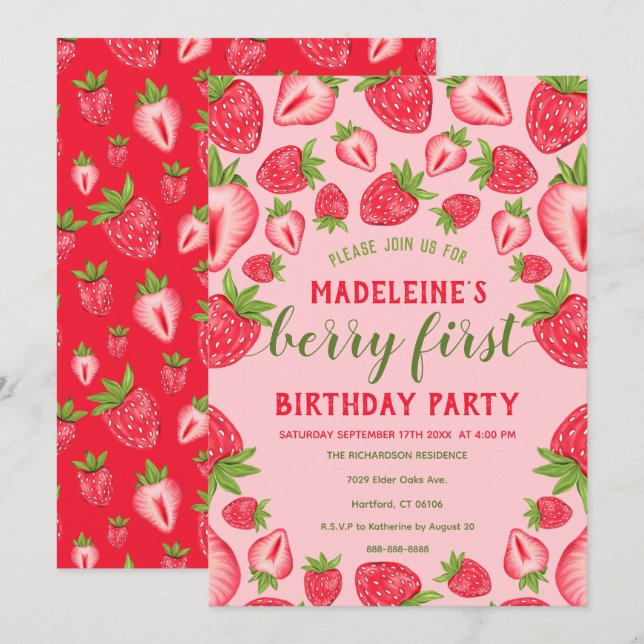 Invitation Berry First Pink Strawberry 1er Anniversaire (Devant / Derrière)