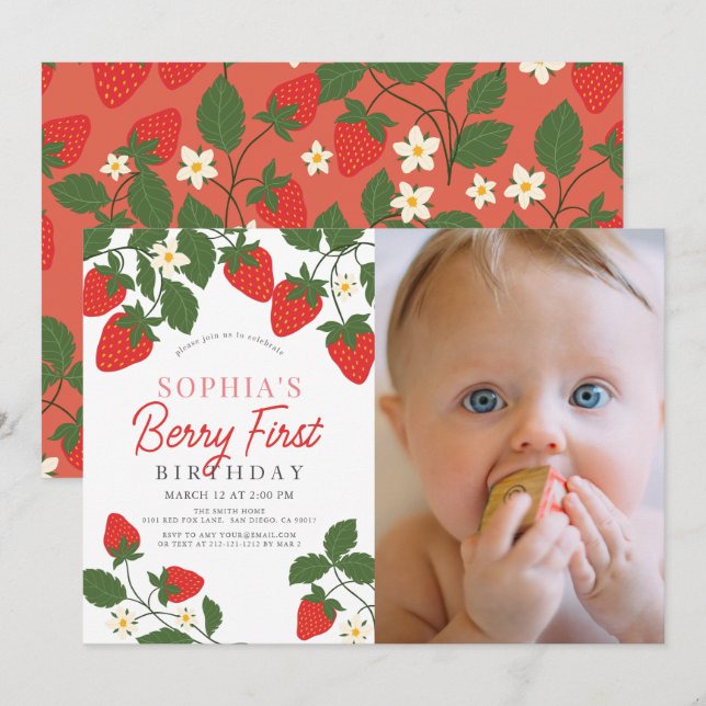 Invitation Berry First Red Strawberry Photo 1er anniversaire (Devant / Derrière)