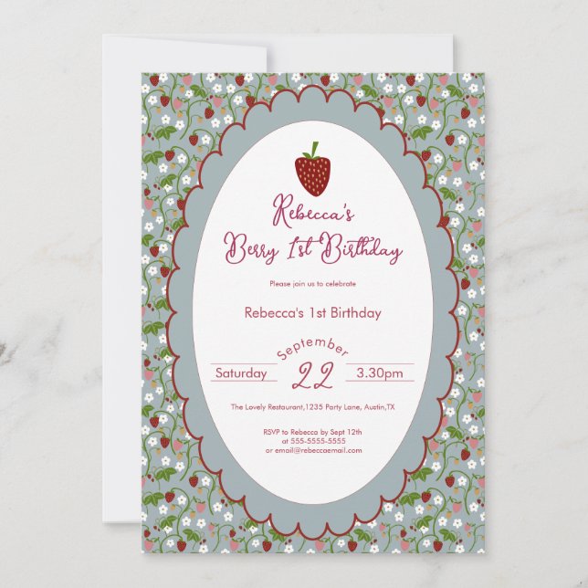 Invitation Berry First Strawberry 1er Anniversaire (Devant)