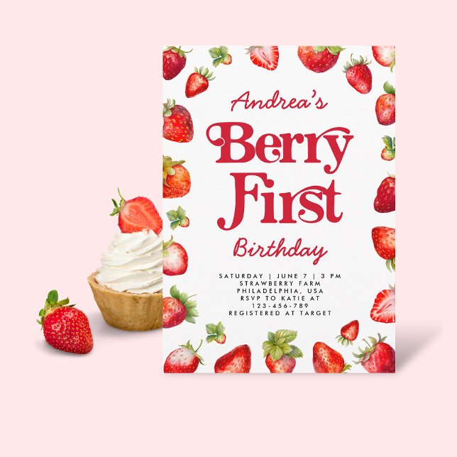 Invitation Berry First Strawberry Anniversaire moderne pour l (Créateur téléchargé)