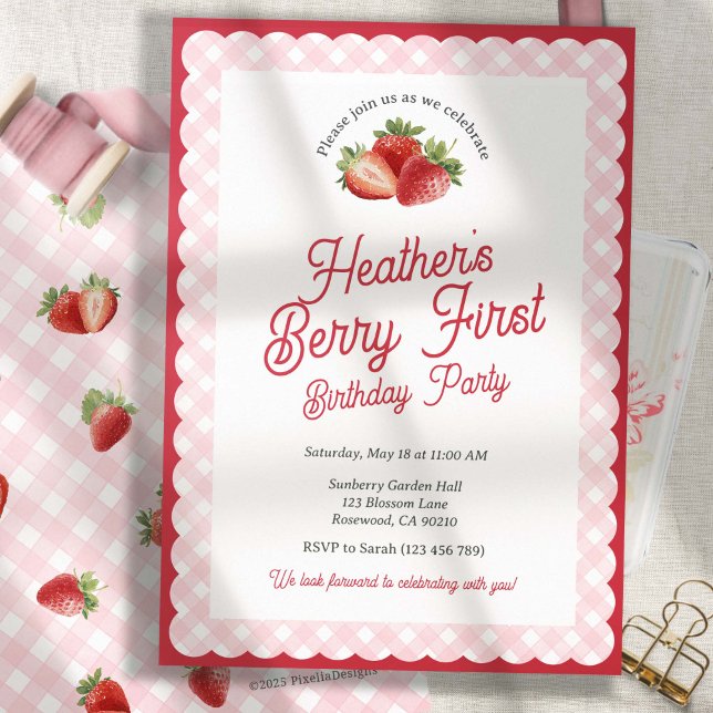 Invitation Berry First Strawberry Birthday with Pink Gingham (Berry First-Strawberry first birthday invitation)
