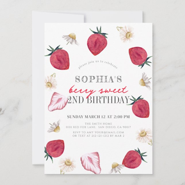 Invitation Berry First Strawberry Floral Girl Anniversaire (Devant)