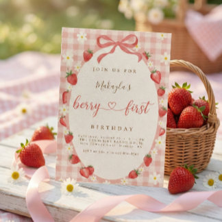 Invitation Berry First Strawberry Pink Gingham 1st Birthday