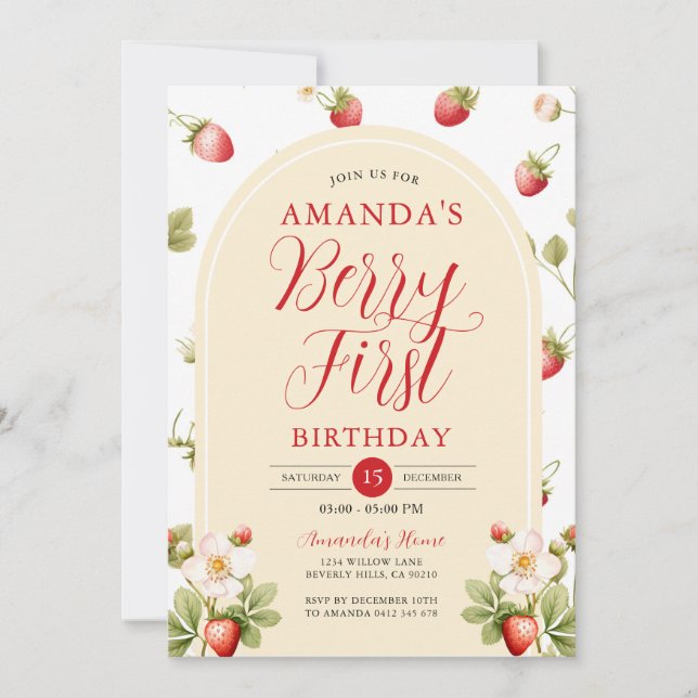 Invitation Berry First Strawberry Sweet fête d'anniversaire F (Devant)