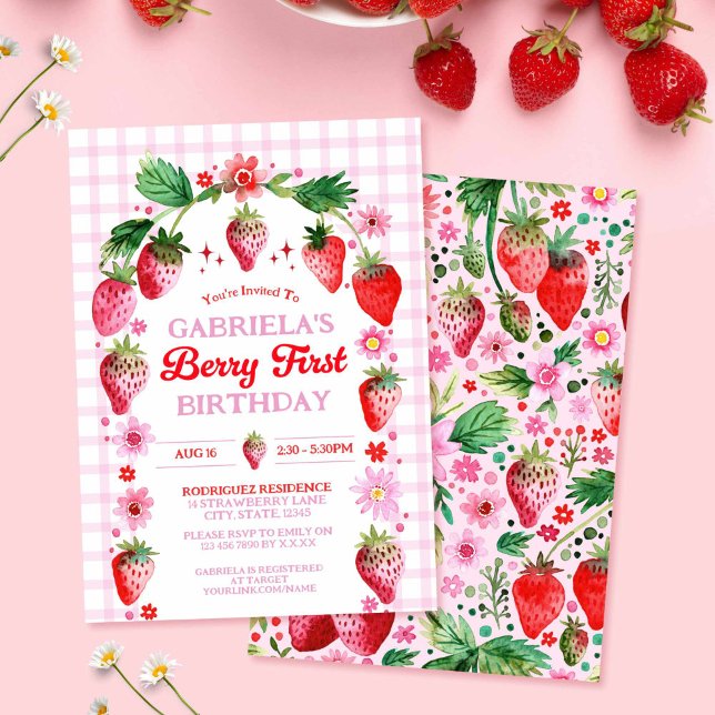 Invitation Berry fraise 1er aquarelle d'anniversaire (Strawberry Berry 1st Birthday Watercolor Invitation)