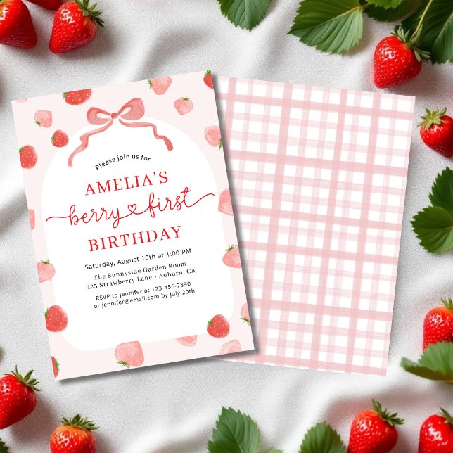 Invitation Berry fraise 1er premier anniversaire de la fille  (Créateur téléchargé)