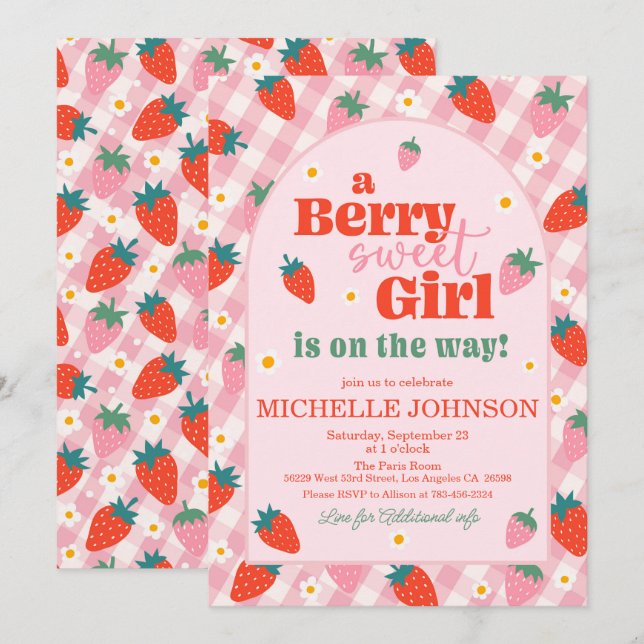 Invitation Berry fraise Baby shower sucré (Devant / Derrière)