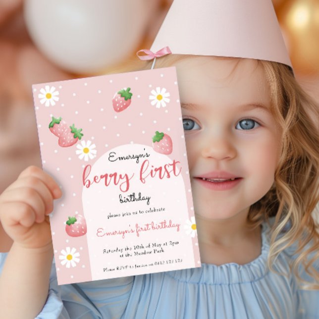 Invitation Berry fraise mignonne Daisy Premier anniversaire (Créateur téléchargé)