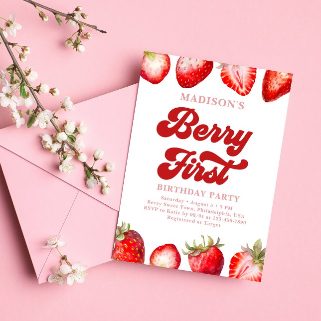 Invitation Berry fraise moderne Premier anniversaire (Créateur téléchargé)