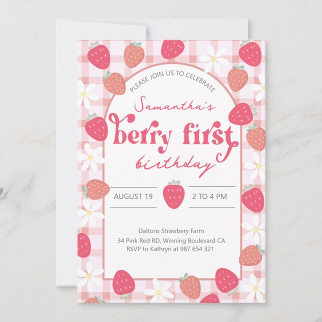 Invitation Berry fraise Premier anniversaire (Devant)