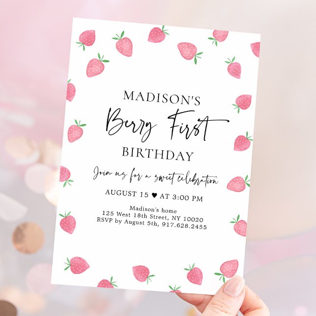 Invitation Berry fraise Premier anniversaire (Créateur téléchargé)