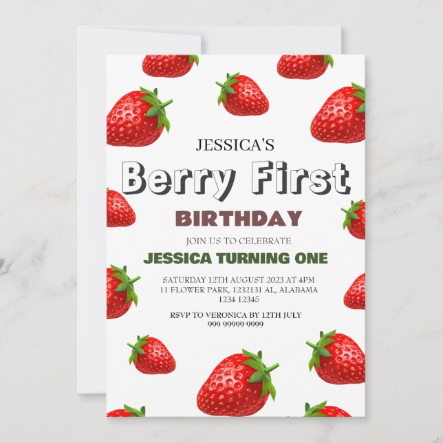 Invitation Berry fraise Premier anniversaire Simple mignonne  (Devant)