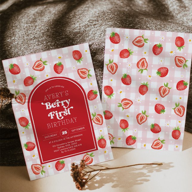 Invitation Berry fraise rouge 1er anniversaire fête (Créateur téléchargé)