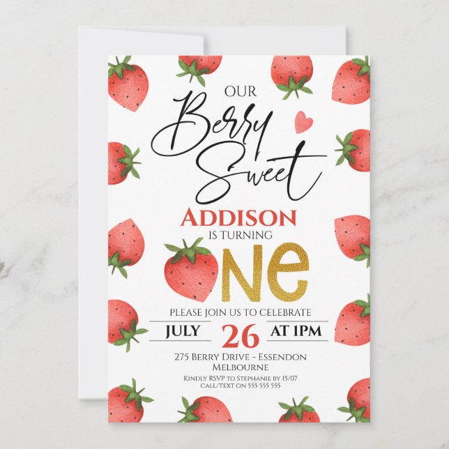 Invitation Berry fraise rouge Sweet Premier anniversaire (Devant)