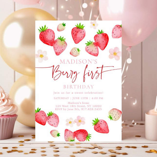 Invitation Berry fraise sauvage Premier anniversaire (Créateur téléchargé)