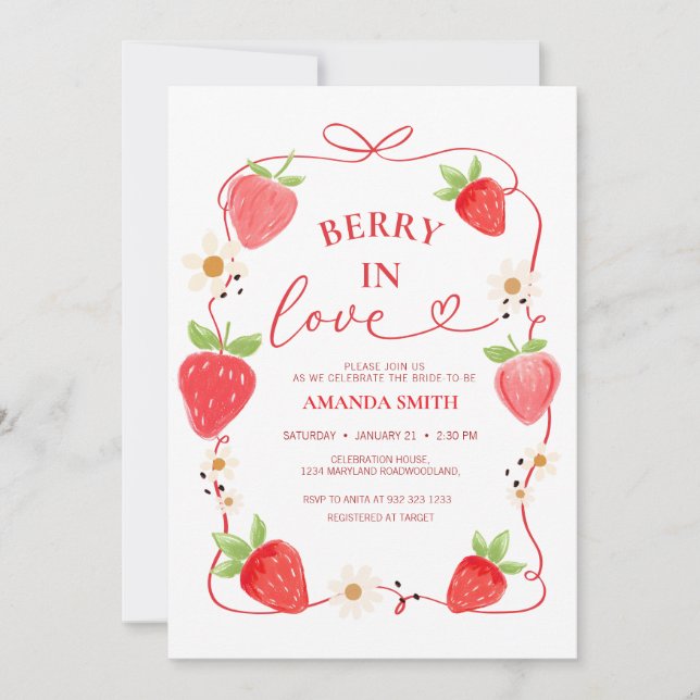 Invitation Berry In Love Red Bow nuptiale de douche Invitatio (Devant)