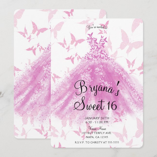 Invitation Berry Pink Butterfly Dance robe sucré 16 Partie (Devant / Derrière)
