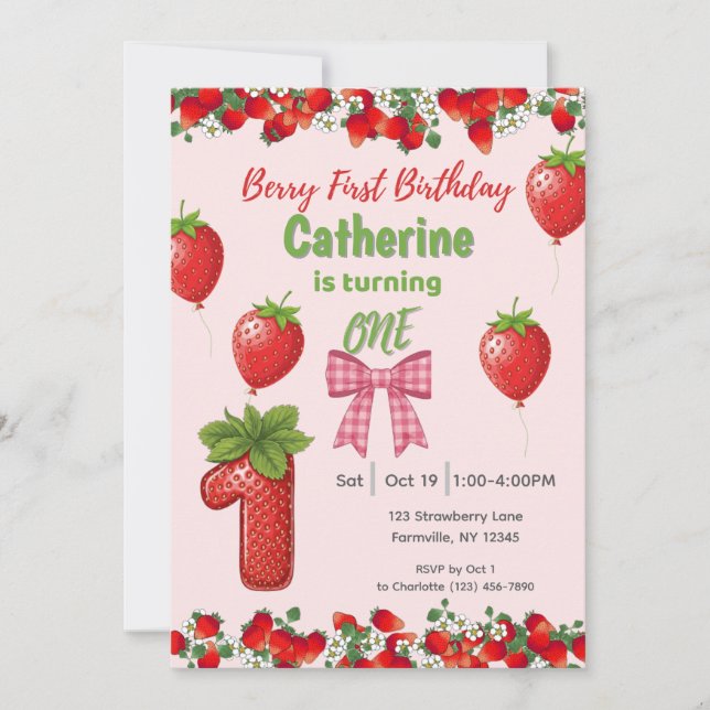 Invitation Berry premier anniversaire - Fille rose fraise (Devant)