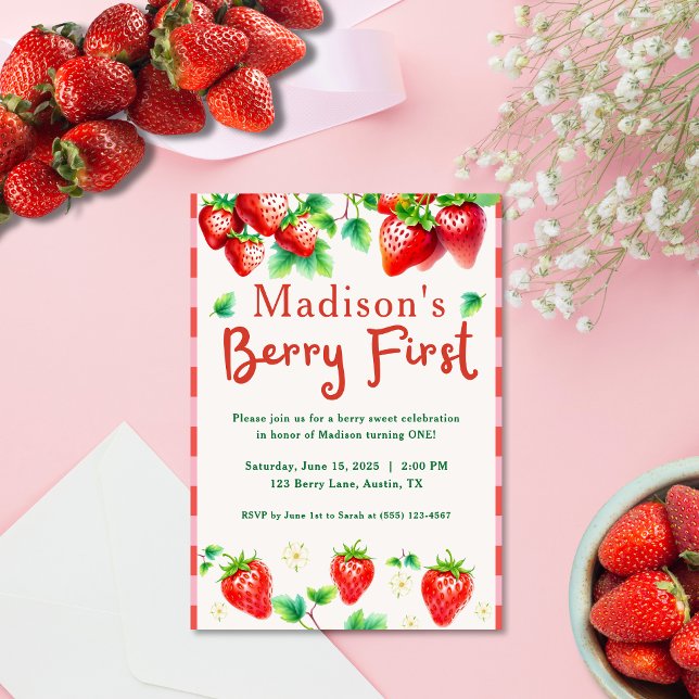 Invitation Berry Premier anniversaire - Fraise 1ère Fille (Sweeten your celebration with this adorable “Berry First Birthday” invitation!)