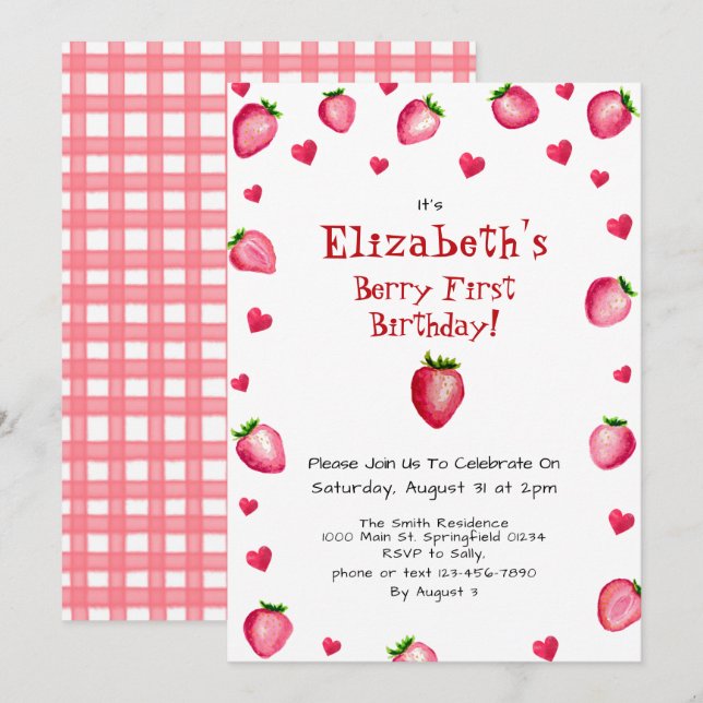 Invitation Berry premier anniversaire fraise été En vichy 1er (Devant / Derrière)