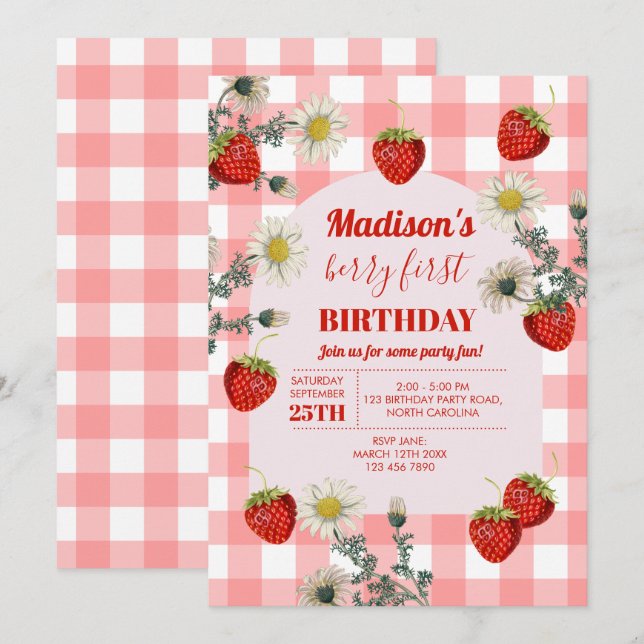 Invitation Berry Premier anniversaire fraise Premier 1er anni (Devant / Derrière)