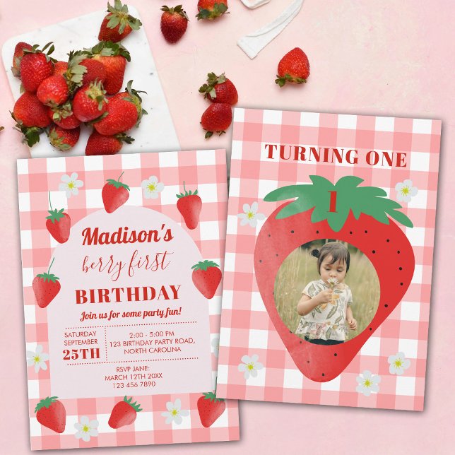 Invitation Berry Premier anniversaire Fraise Première 1ère ph (Berry First Birthday Strawberry First 1st Photo)