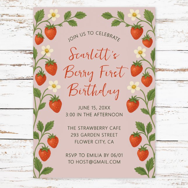 Invitation Berry Premier anniversaire mignonne fraise rose fl (Créateur téléchargé)