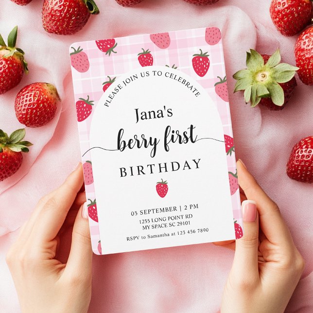 Invitation Berry Premier anniversaire | Plaid et fraise roses (Créateur téléchargé)