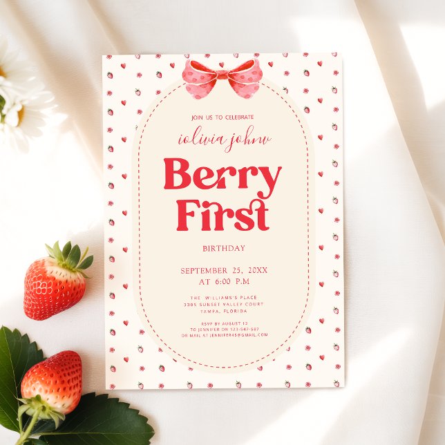 Invitation Berry Premier Anniversaire Rose Bow Strawberry (Créateur téléchargé)