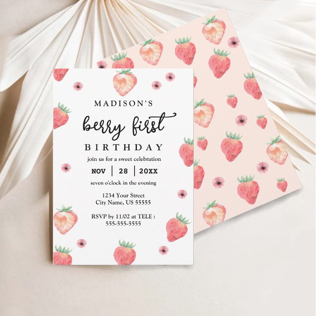 Invitation Berry Premier Anniversaire Stylé Fraise rose (Créateur téléchargé)
