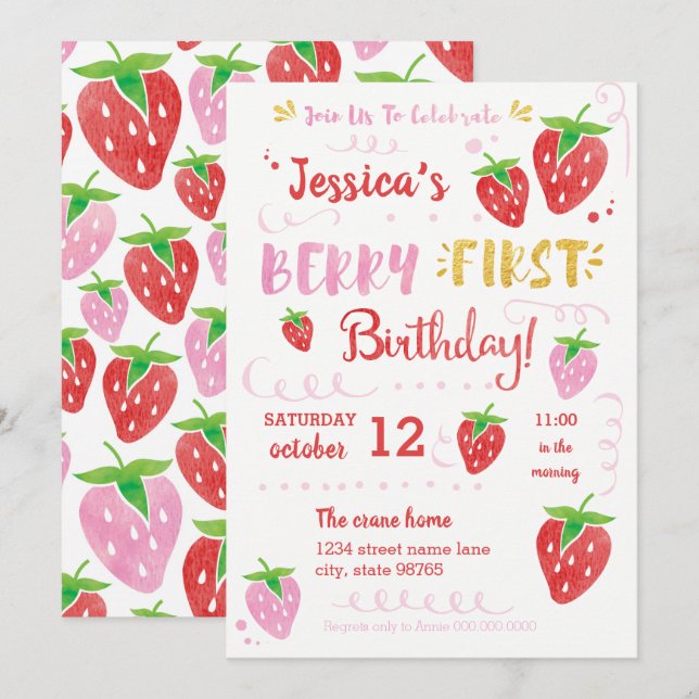 Invitation Berry Premier anniversaire Watercolor Strawberry P (Devant / Derrière)
