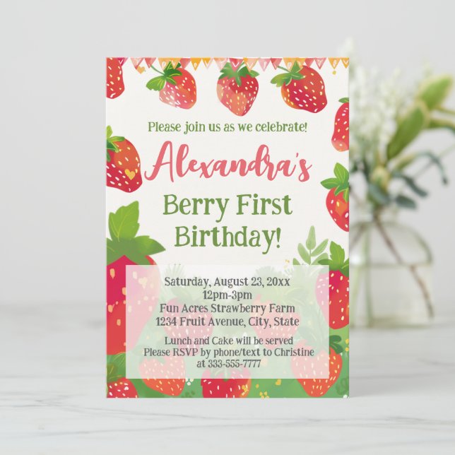 Invitation Berry Première fête d'anniversaire Filles fraise 1 (Debout devant)