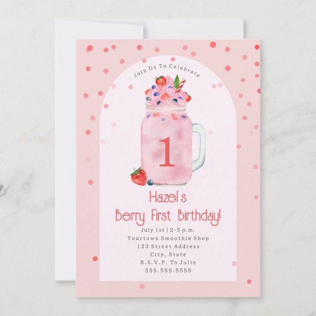 Invitation Berry Première fête d'anniversaire Smoothie rose (Devant)
