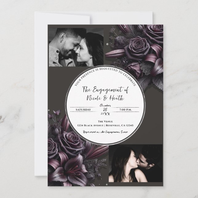 Invitation Berry Purple & Black Lily Rose Fiançailles Floral (Devant)