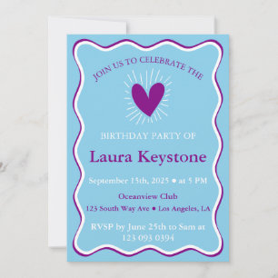 Invitation Berry Purple, Sky Blue & White Retro Wavy
