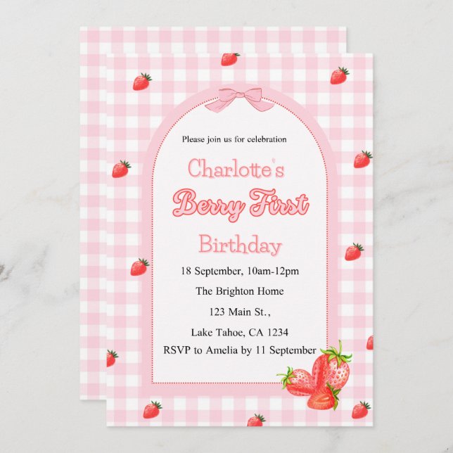 Invitation Berry rose premier anniversaire (Devant / Derrière)