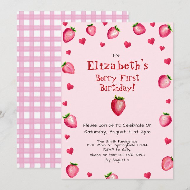 Invitation Berry rose Premier anniversaire fraise été (Devant / Derrière)