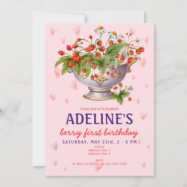 Invitation Berry rose Première Fille Fraise Fruite 1er Annive (Devant)