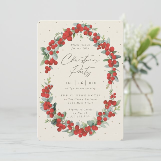 Invitation Berry rouge élégant + fête de Noël Eucalyptus (Debout devant)
