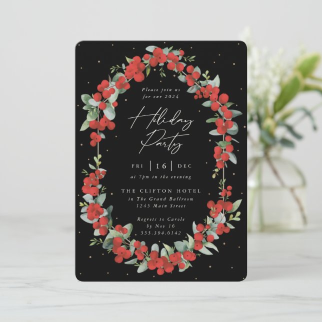 Invitation Berry rouge élégant + Fête Eucalyptus (Debout devant)